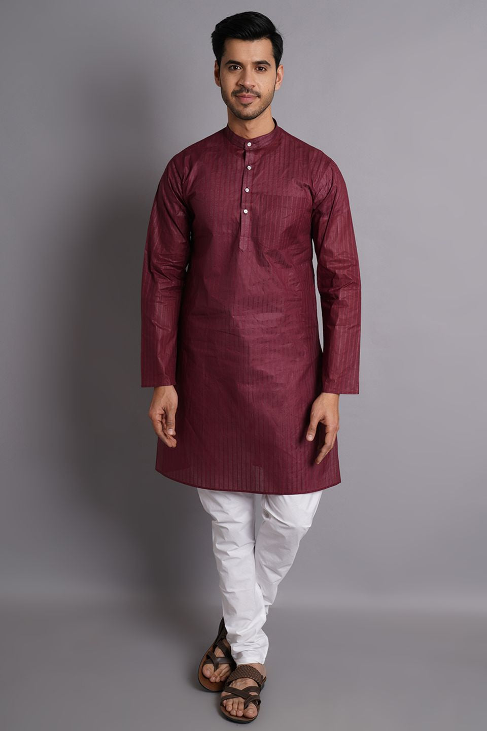 Cotton Maroon Striped Long Kurta Pajama