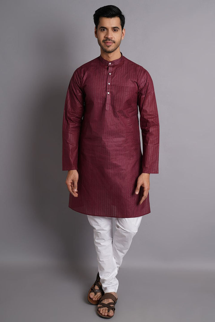 Cotton Maroon Striped Long Kurta Pajama