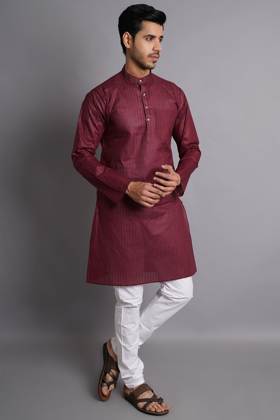 Cotton Maroon Striped Long Kurta Pajama
