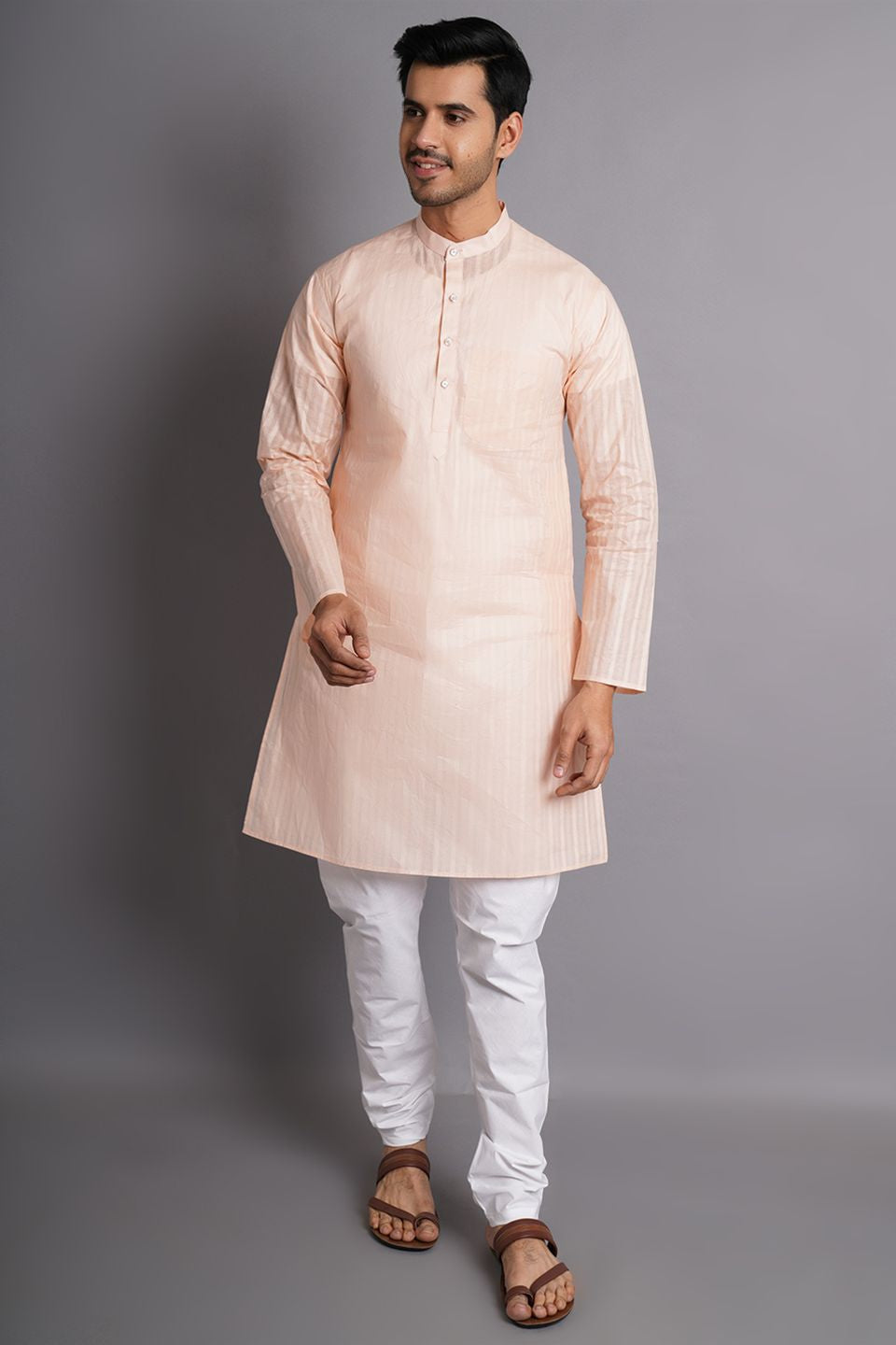 Cotton Pink Striped Long Kurta Pajama