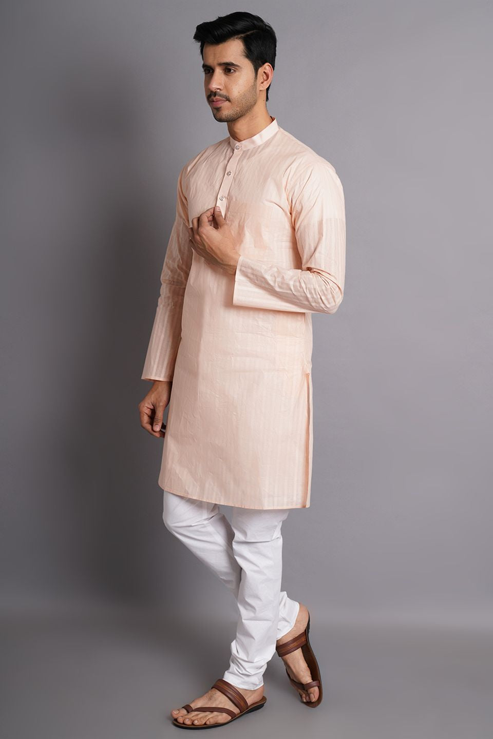 Cotton Pink Striped Long Kurta Pajama