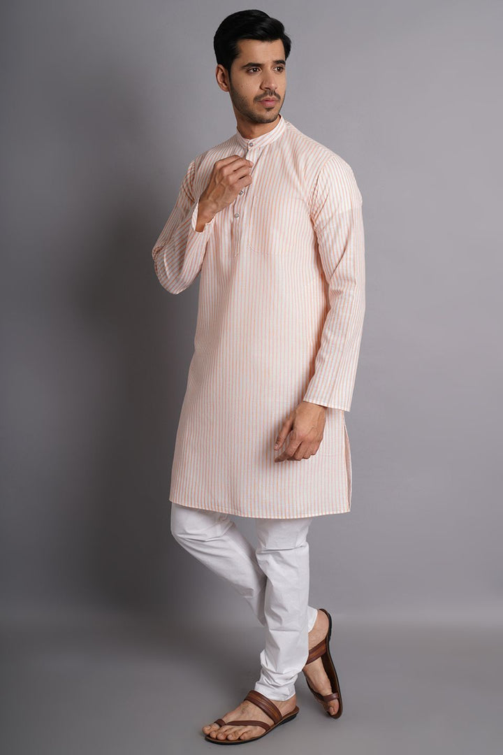 Linen Cotton Orange Striped Long Kurta Pajama