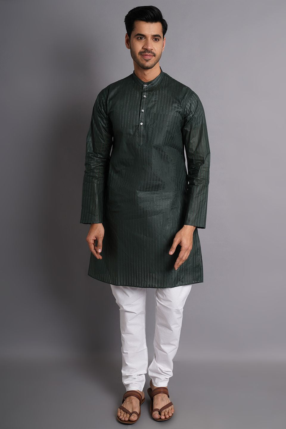 Cotton Green Striped Long Kurta Pajama