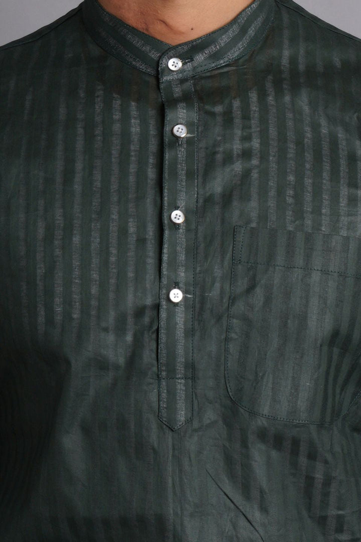 Cotton Green Striped Long Kurta Pajama