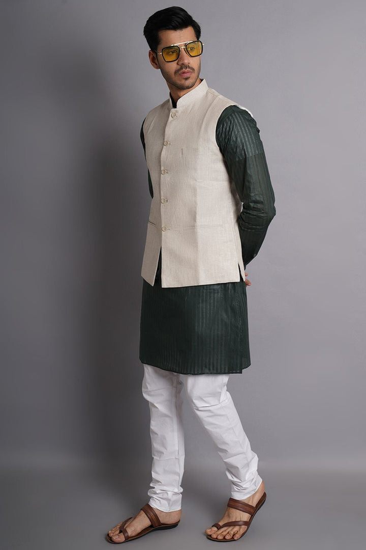 Cotton Green Striped Long Kurta Pajama