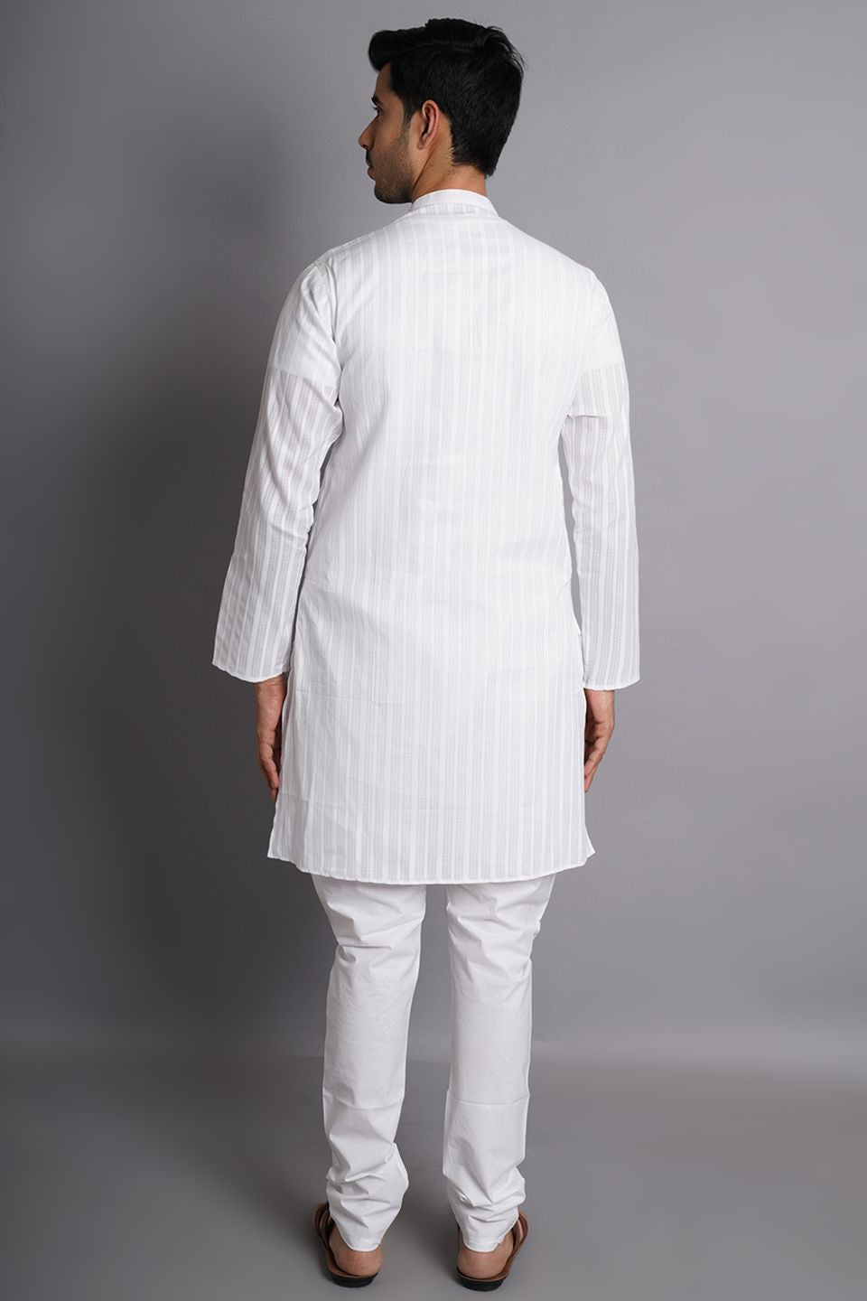 Cotton White Striped Long Kurta Pajama