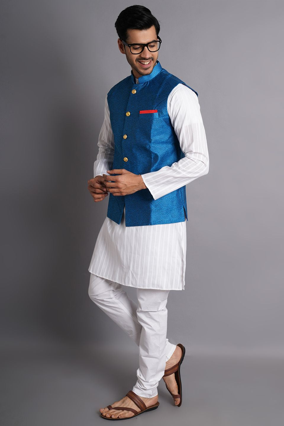 Cotton White Striped Long Kurta Pajama