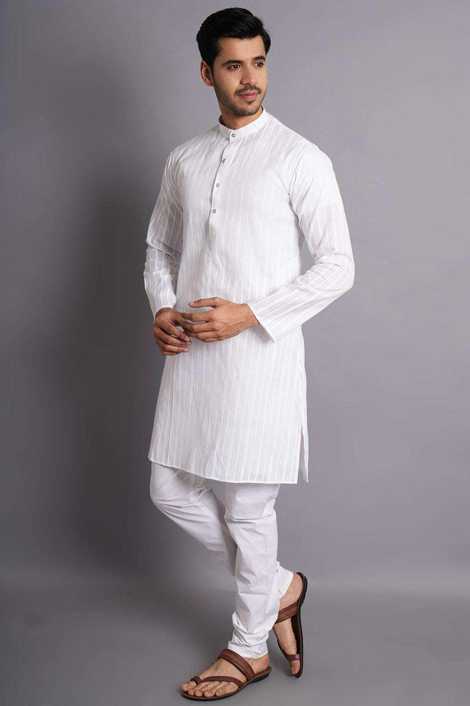 Cotton White Striped Long Kurta Pajama