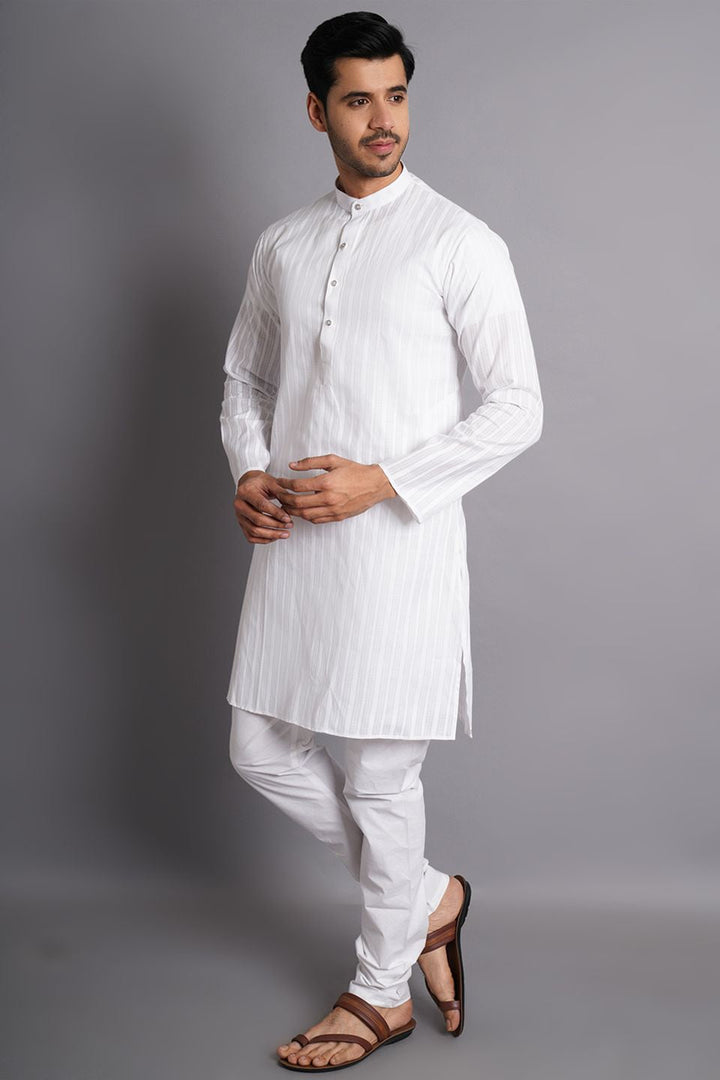 Cotton White Striped Long Kurta Pajama