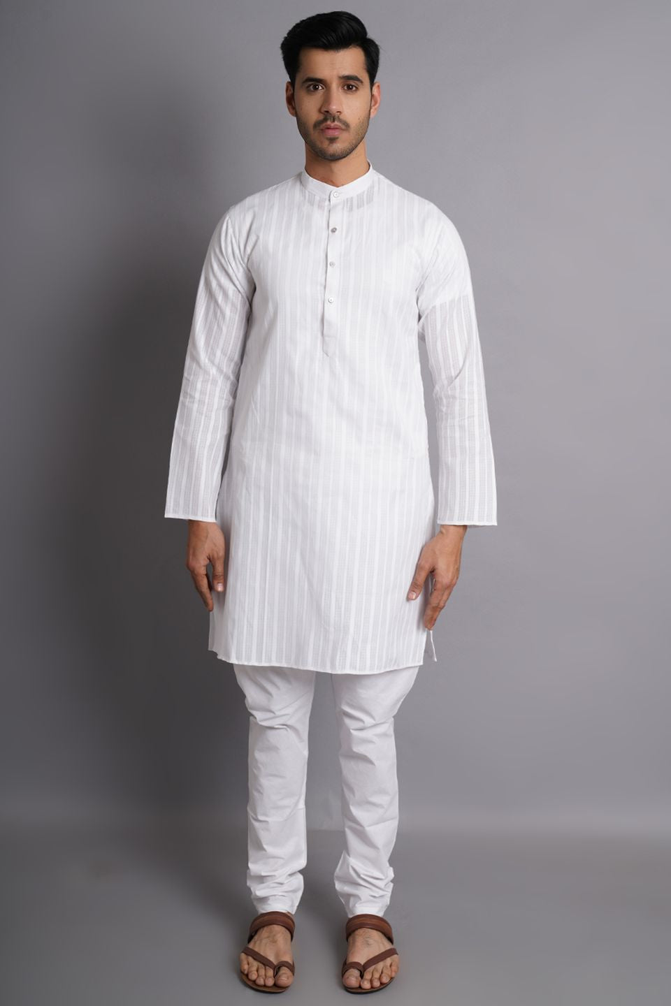 Cotton White Striped Long Kurta Pajama