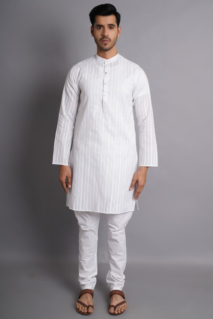 Cotton White Striped Long Kurta Pajama
