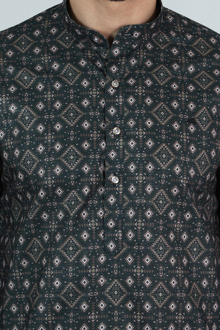 Digital Print Cotton Silk Green Kurta Pyjama