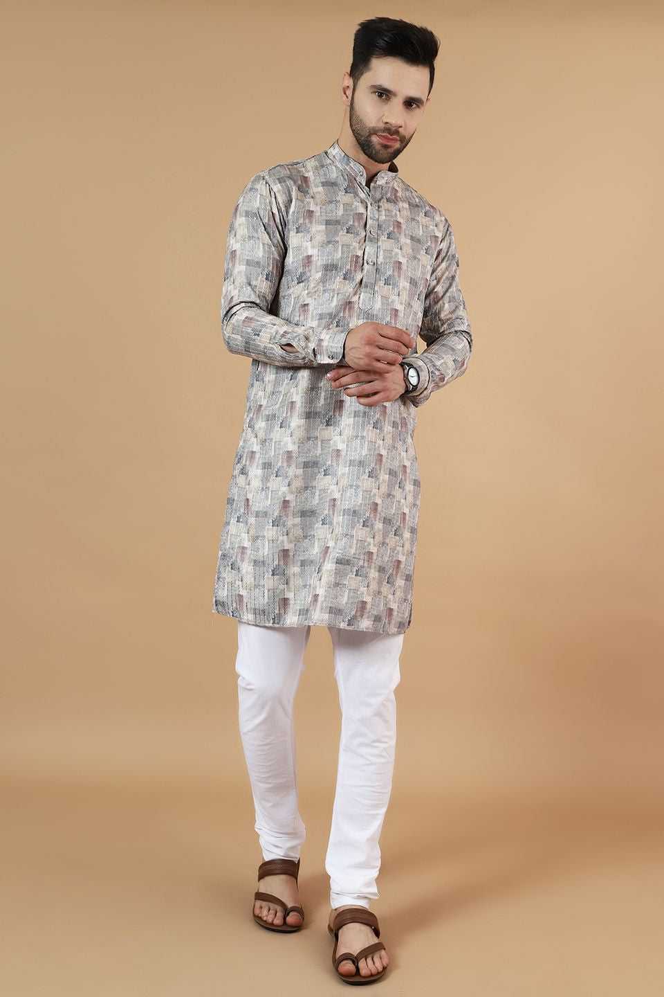 Digital Print Cotton Silk Grey Kurta Pyjama