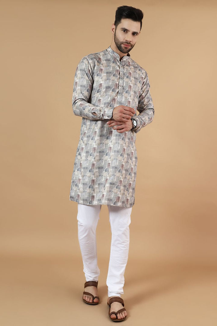 Digital Print Cotton Silk Grey Kurta Pyjama
