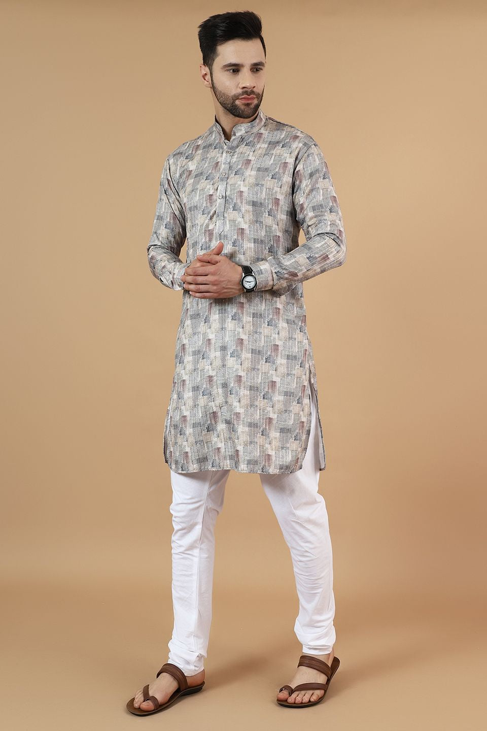 Digital Print Cotton Silk Grey Kurta Pyjama