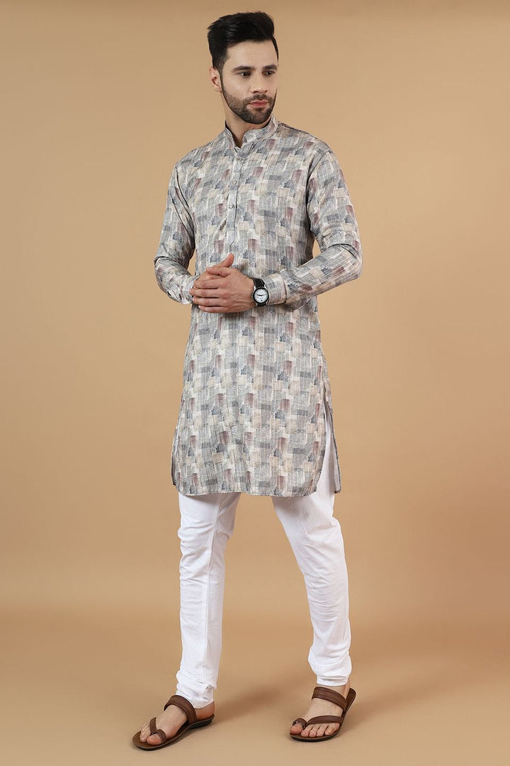 Digital Print Cotton Silk Grey Kurta Pyjama