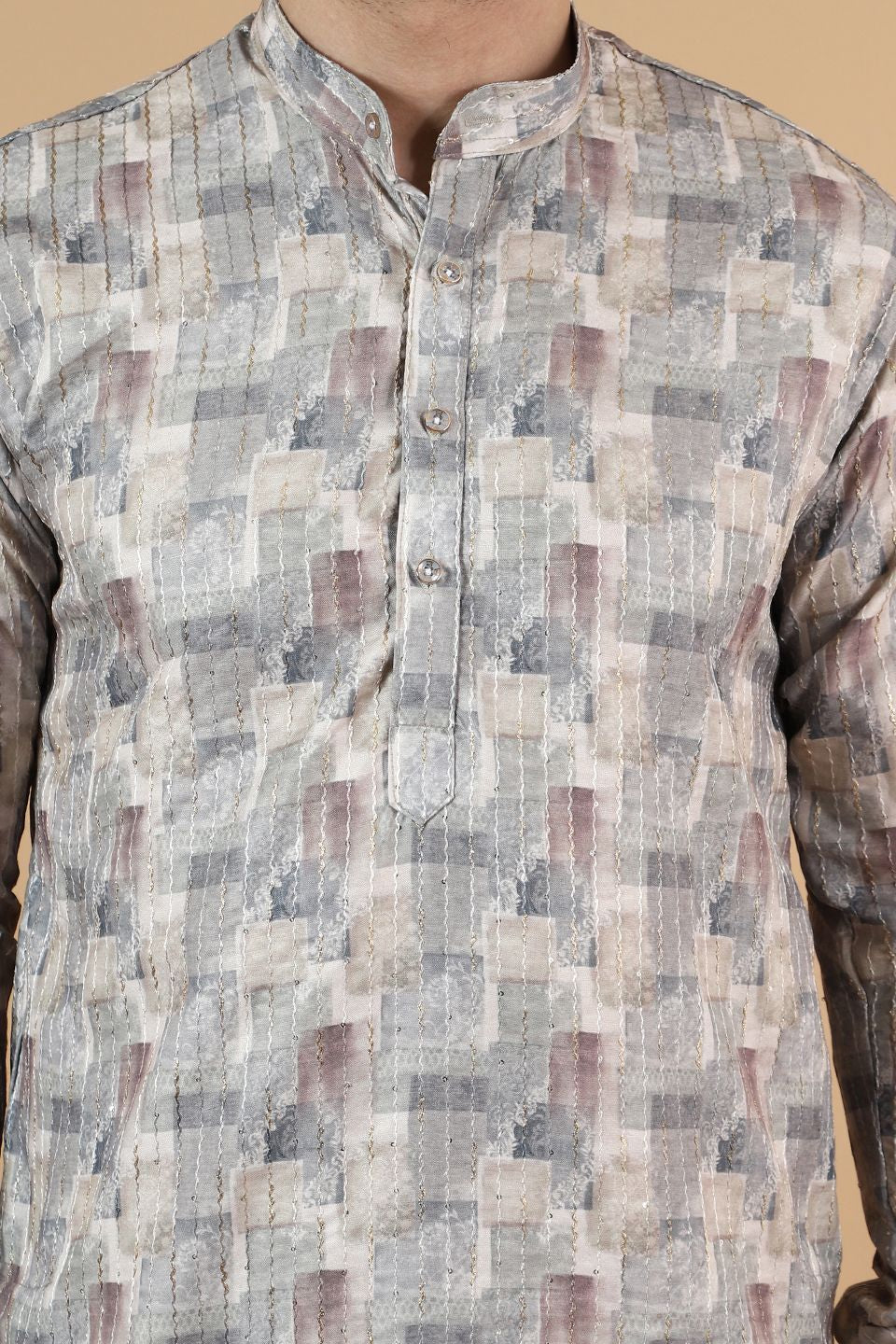 Digital Print Cotton Silk Grey Kurta Pyjama