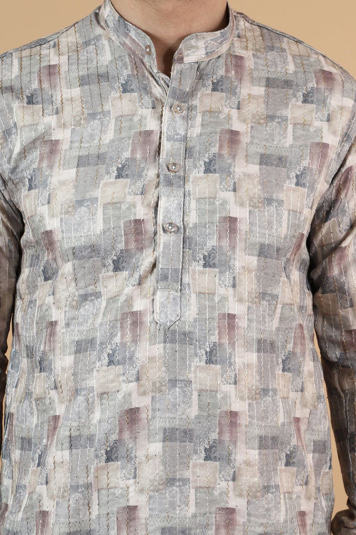 Digital Print Cotton Silk Grey Kurta Pyjama