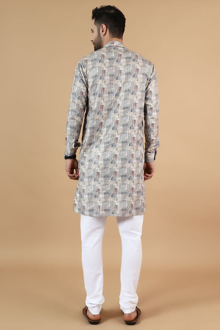Digital Print Cotton Silk Grey Kurta Pyjama