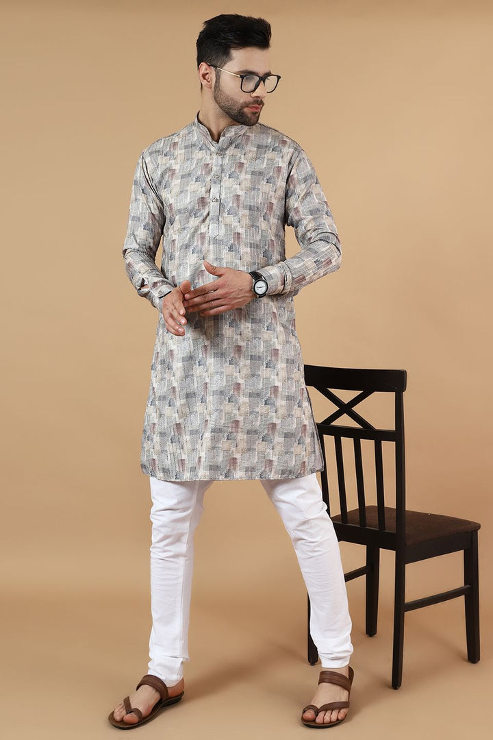 Digital Print Cotton Silk Grey Kurta Pyjama