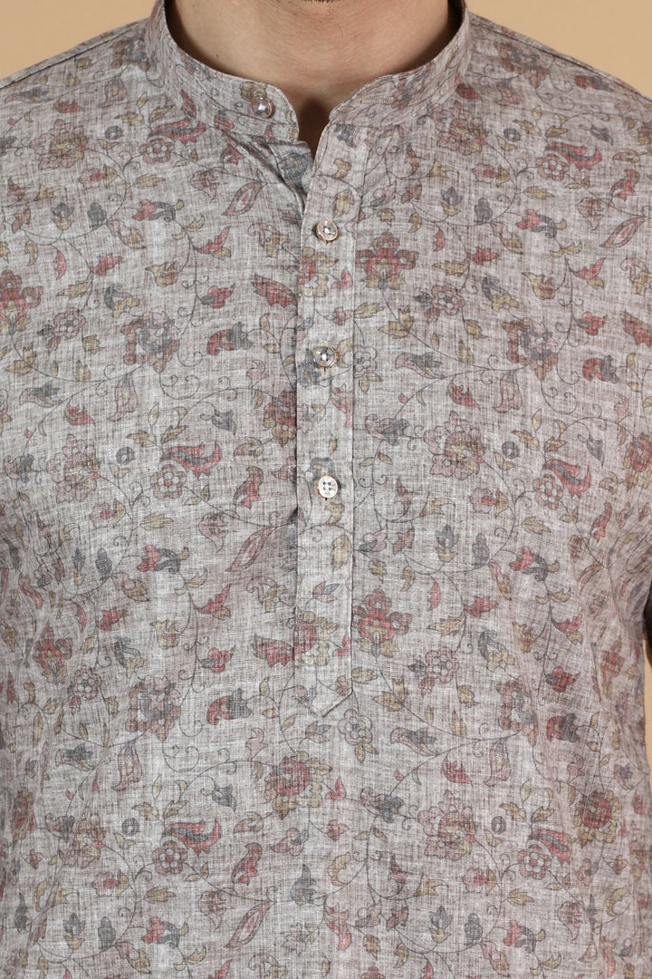 Digital Print Cotton Silk Grey Kurta Pyjama