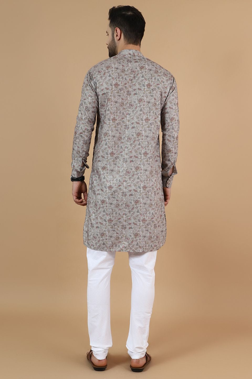 Digital Print Cotton Silk Grey Kurta Pyjama