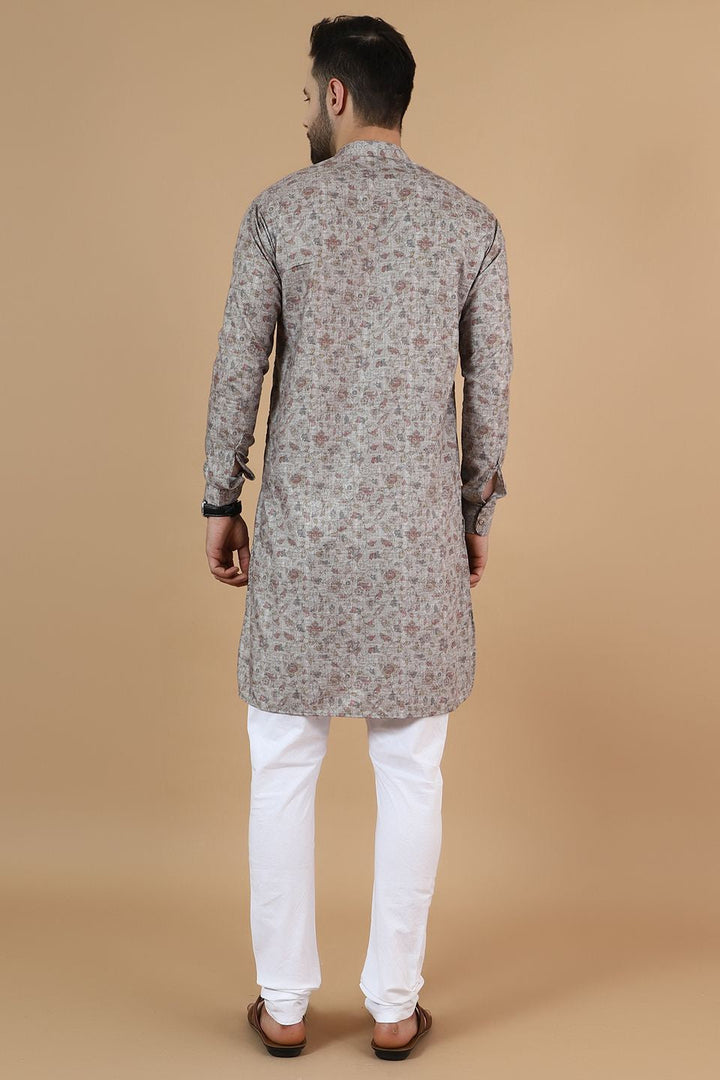 Digital Print Cotton Silk Grey Kurta Pyjama