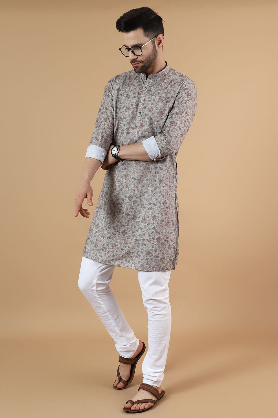 Digital Print Cotton Silk Grey Kurta Pyjama