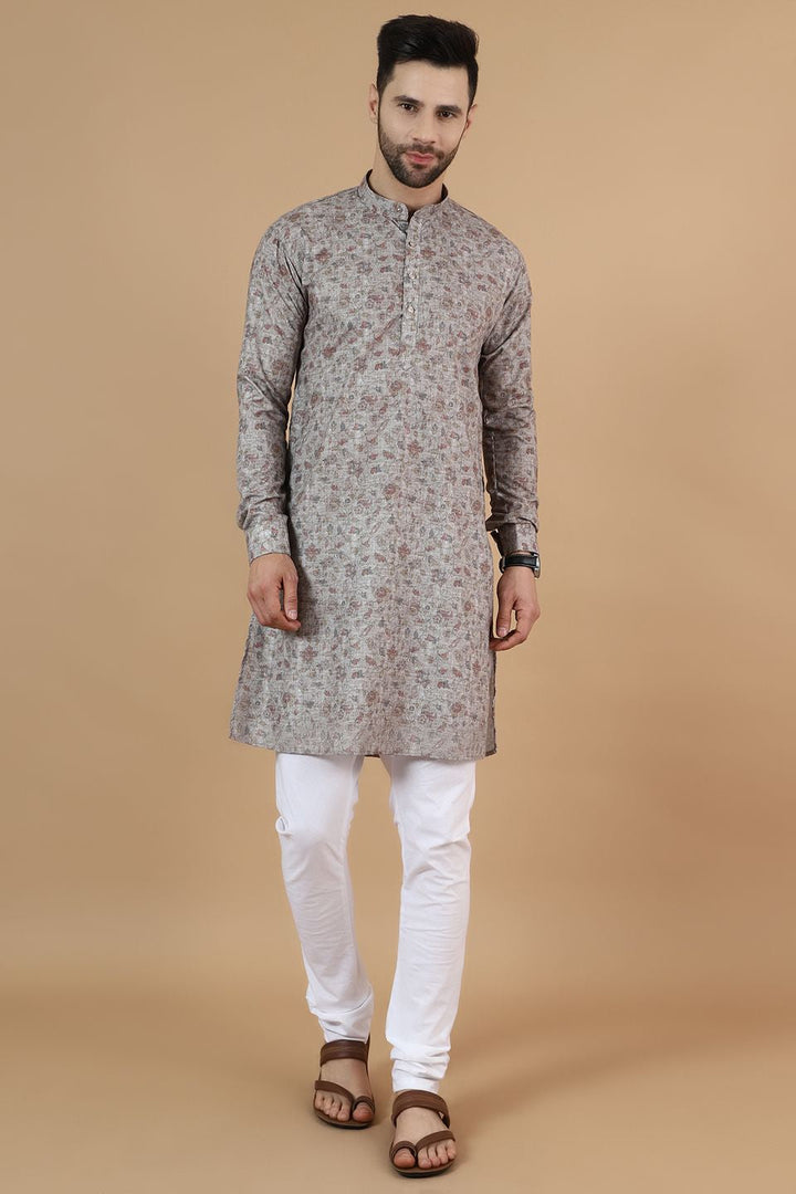 Digital Print Cotton Silk Grey Kurta Pyjama