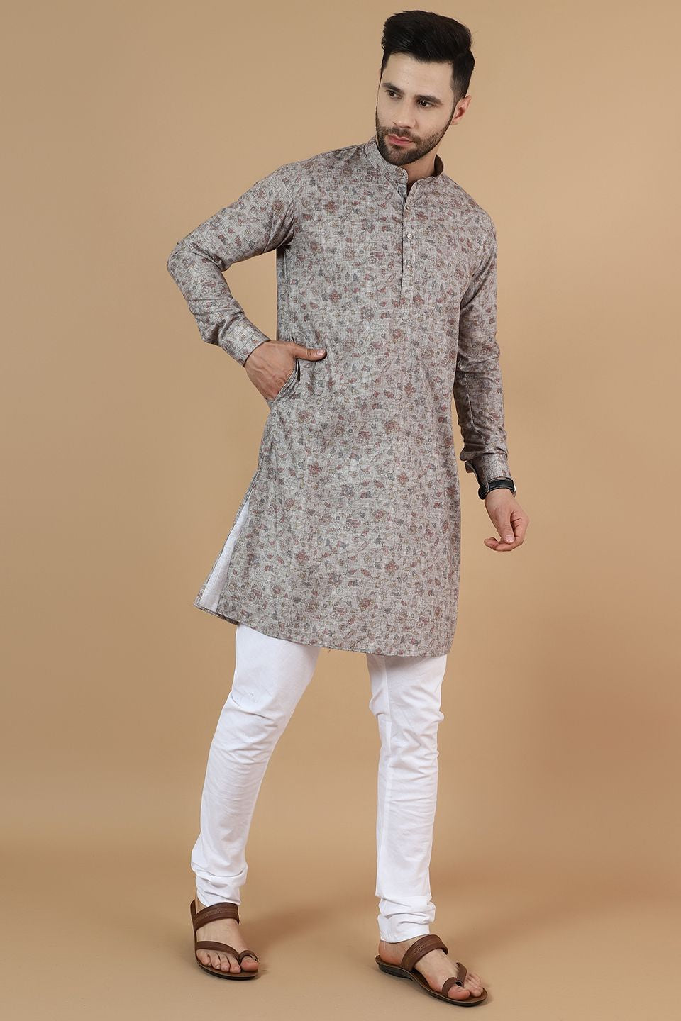 Digital Print Cotton Silk Grey Kurta Pyjama