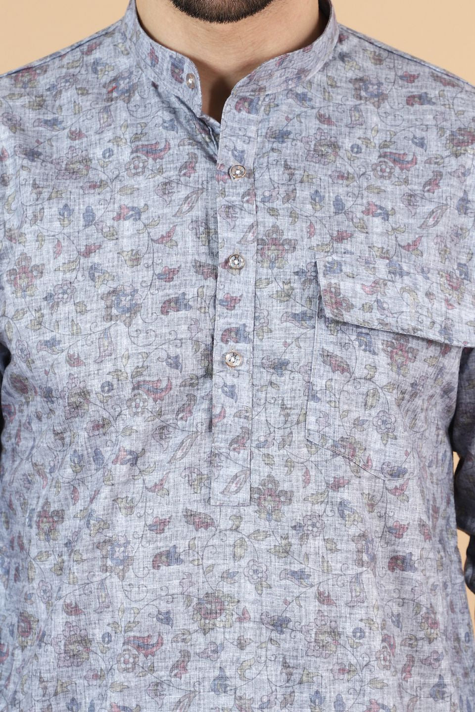Digital Print Cotton Silk Grey Kurta Pyjama