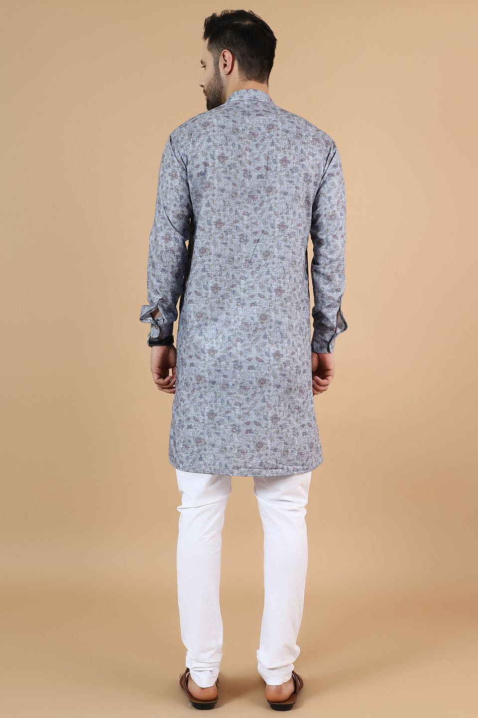 Digital Print Cotton Silk Grey Kurta Pyjama