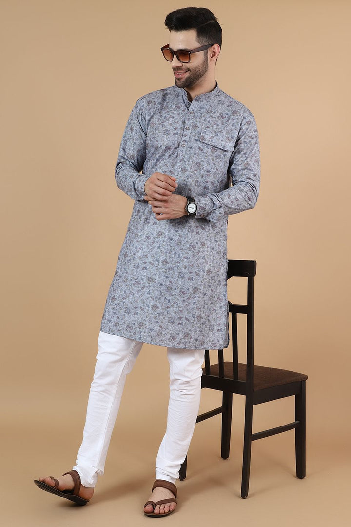 Digital Print Cotton Silk Grey Kurta Pyjama