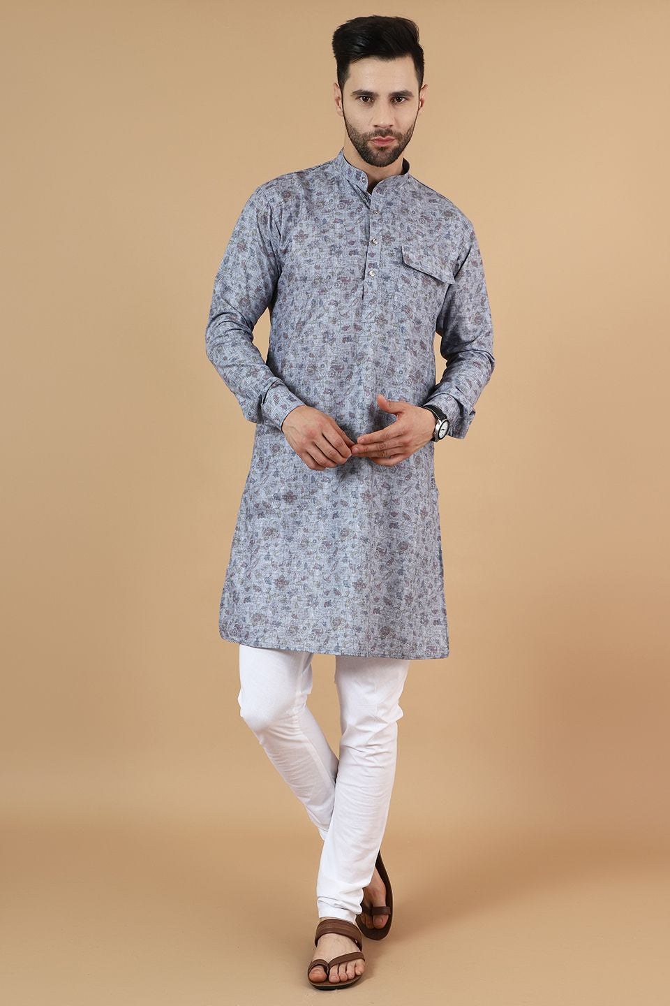 Digital Print Cotton Silk Grey Kurta Pyjama