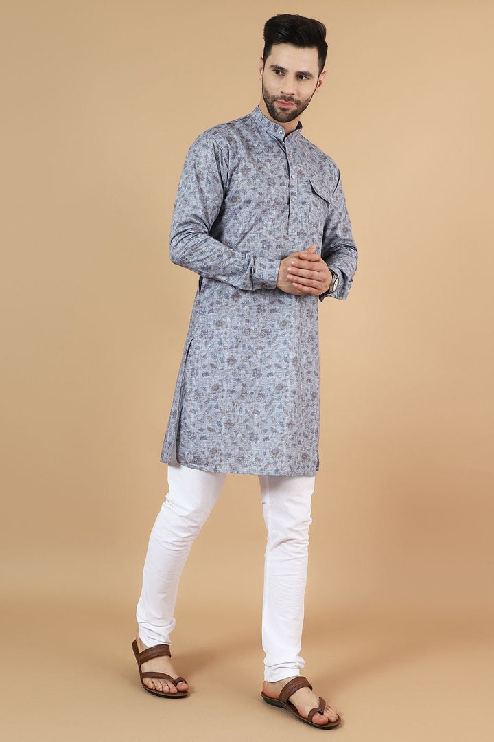 Digital Print Cotton Silk Grey Kurta Pyjama