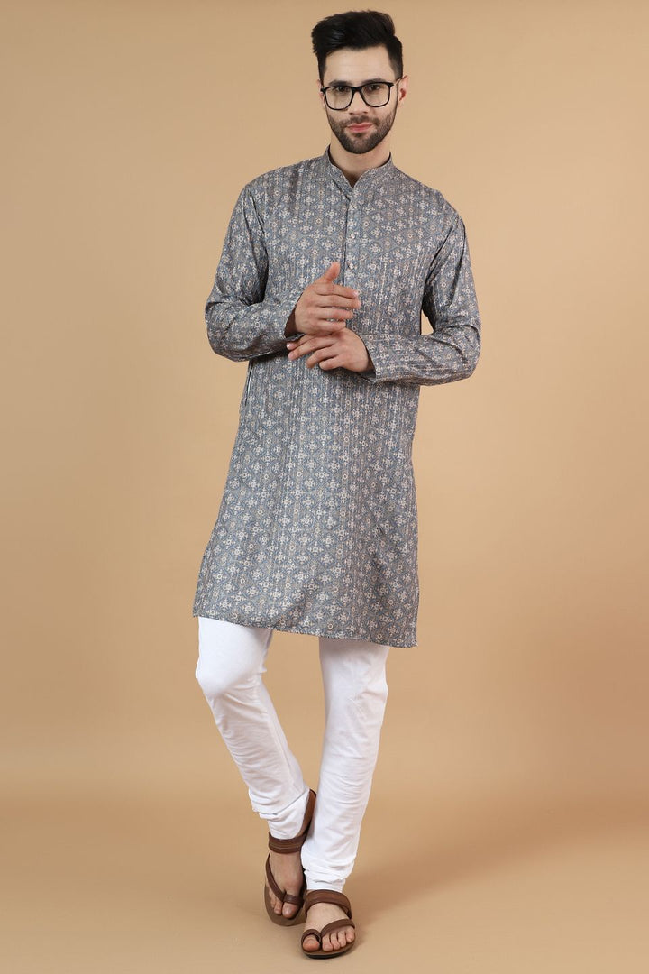Digital Print Cotton Silk Grey Kurta Pyjama