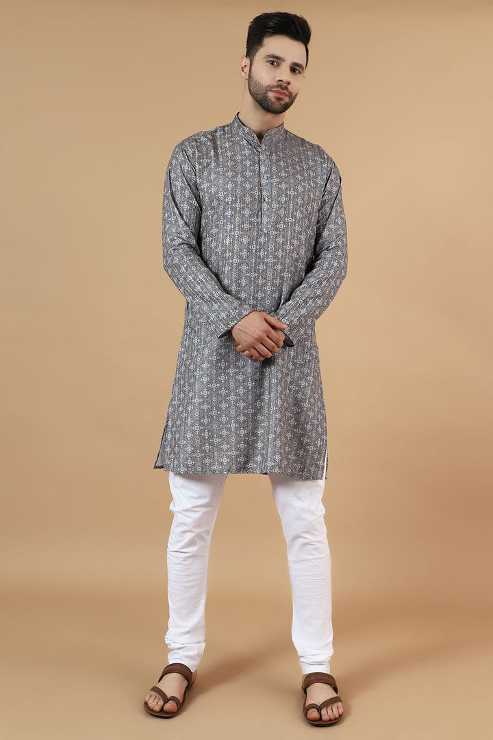 Digital Print Cotton Silk Grey Kurta Pyjama