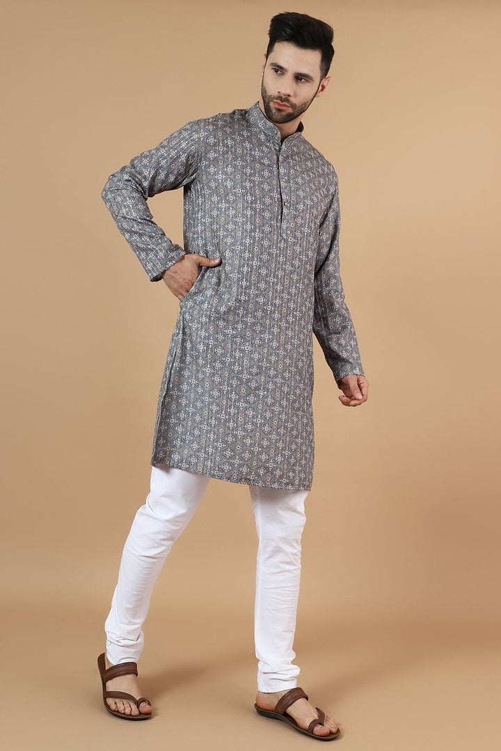 Digital Print Cotton Silk Grey Kurta Pyjama