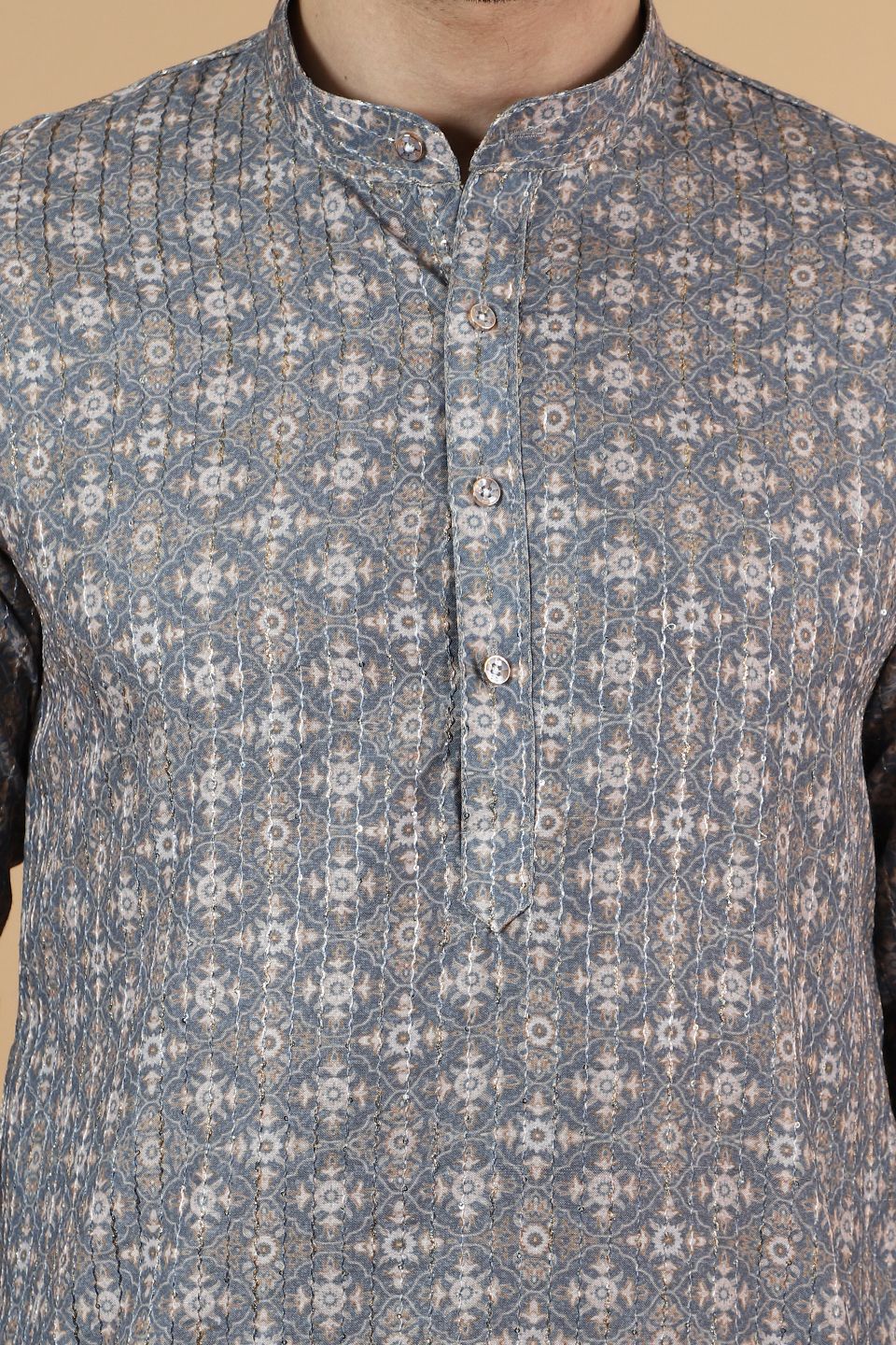 Digital Print Cotton Silk Grey Kurta Pyjama