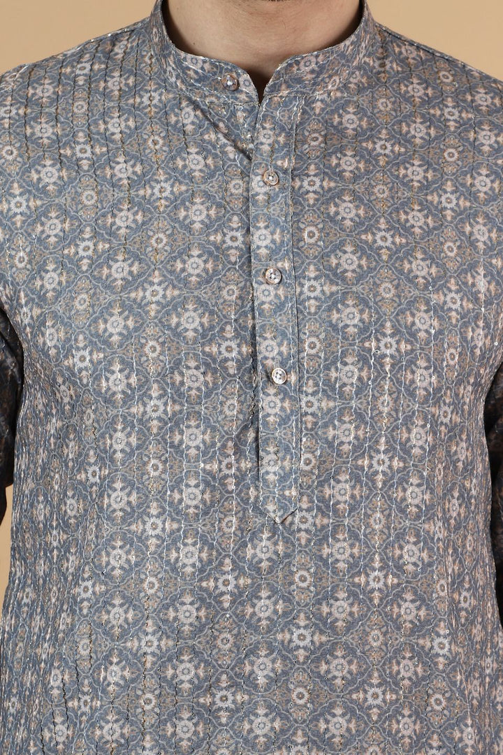 Digital Print Cotton Silk Grey Kurta Pyjama