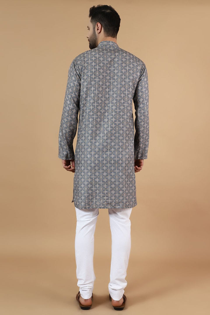Digital Print Cotton Silk Grey Kurta Pyjama