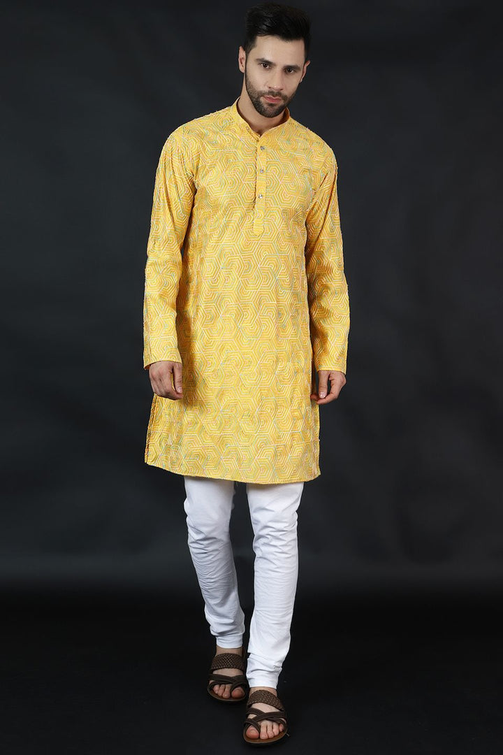 Digital Print Cotton Silk Yellow Kurta Pyjama