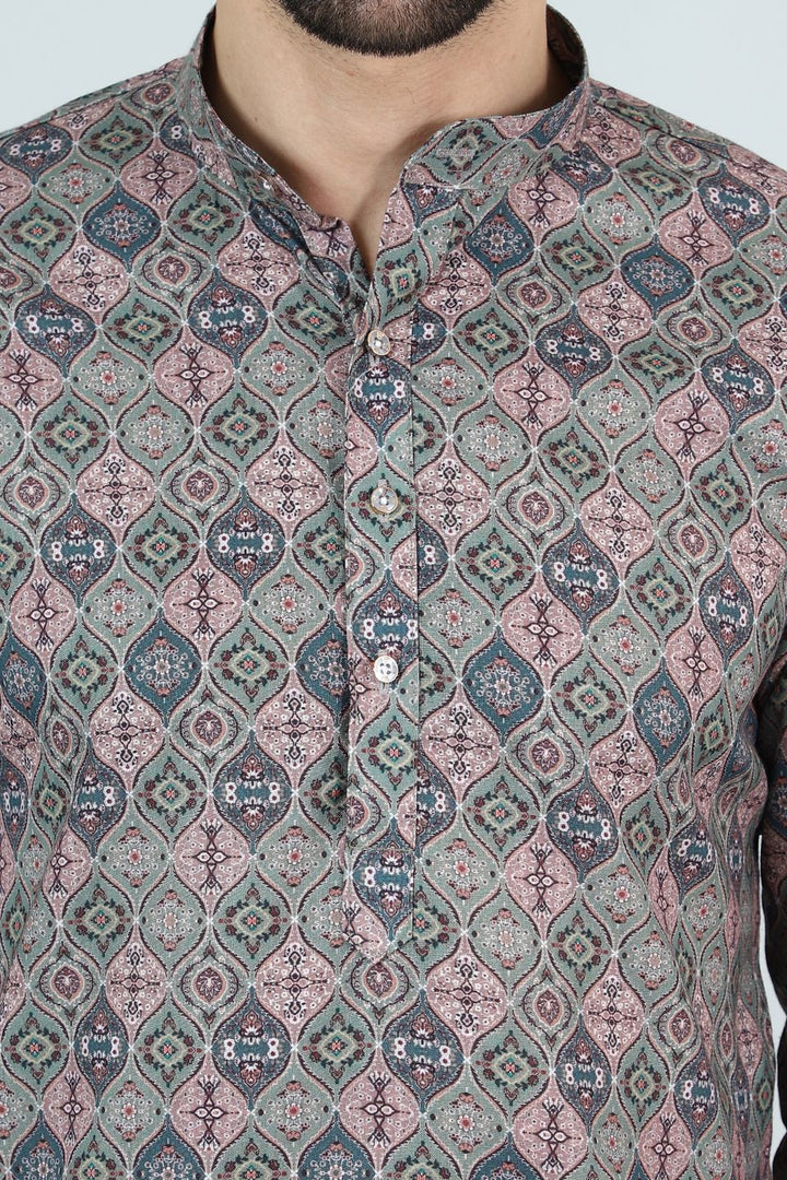 Digital Print Cotton Silk Grey Kurta Pyjama