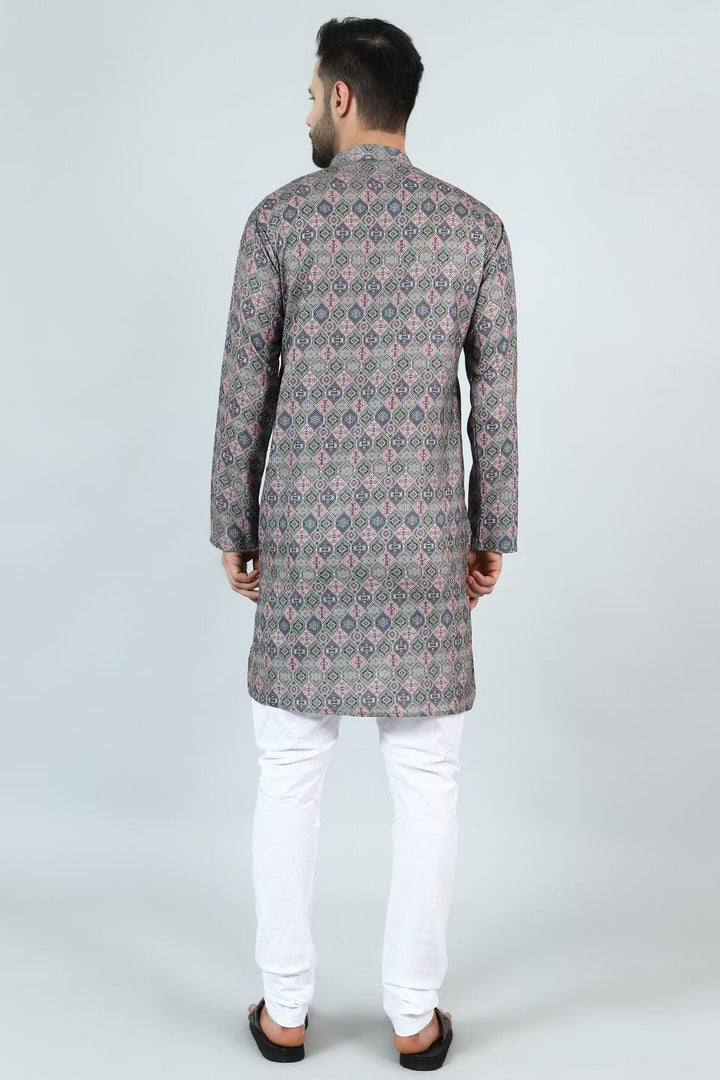 Digital Print Cotton Silk Grey Kurta Pyjama