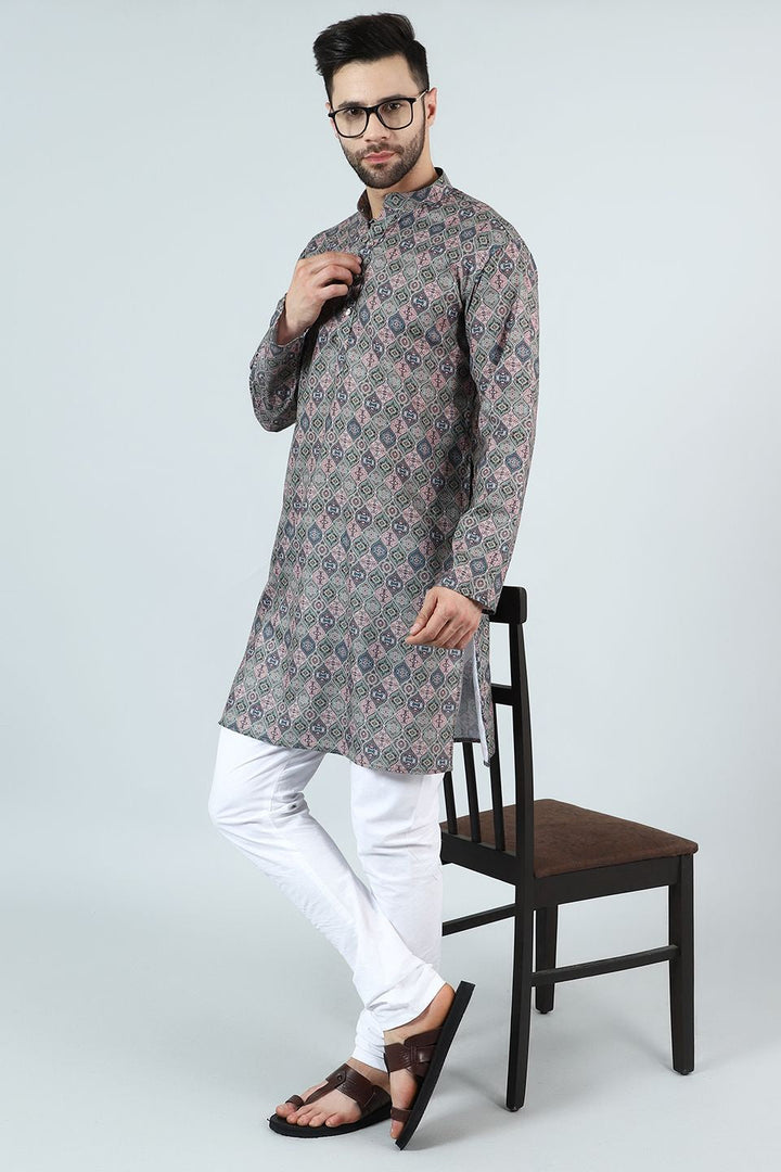 Digital Print Cotton Silk Grey Kurta Pyjama