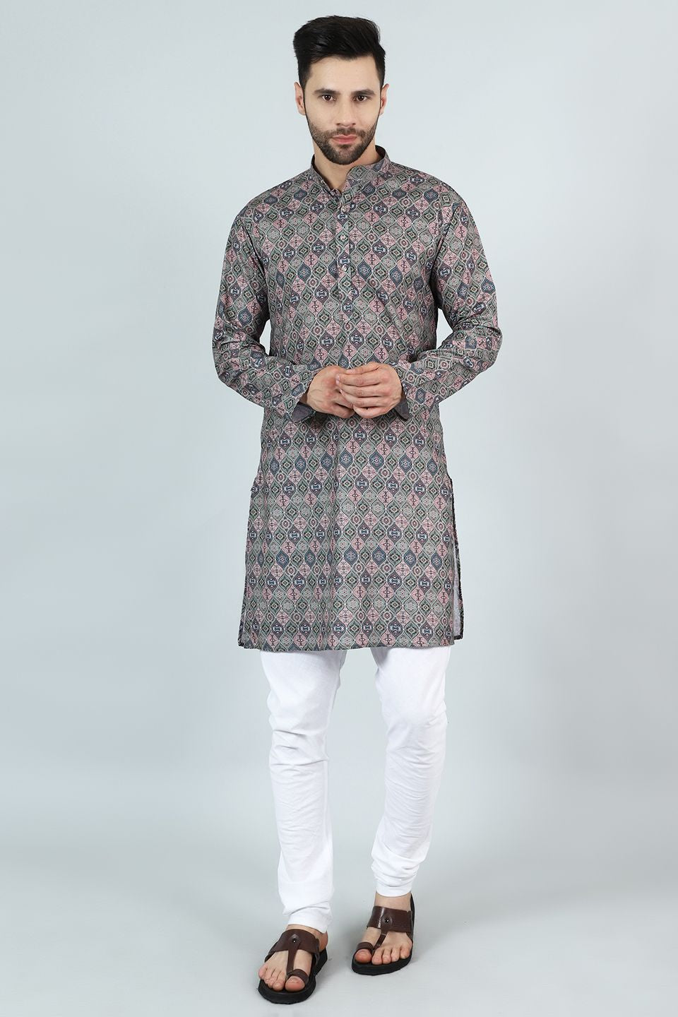 Digital Print Cotton Silk Grey Kurta Pyjama