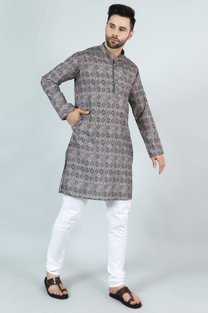 Digital Print Cotton Silk Grey Kurta Pyjama