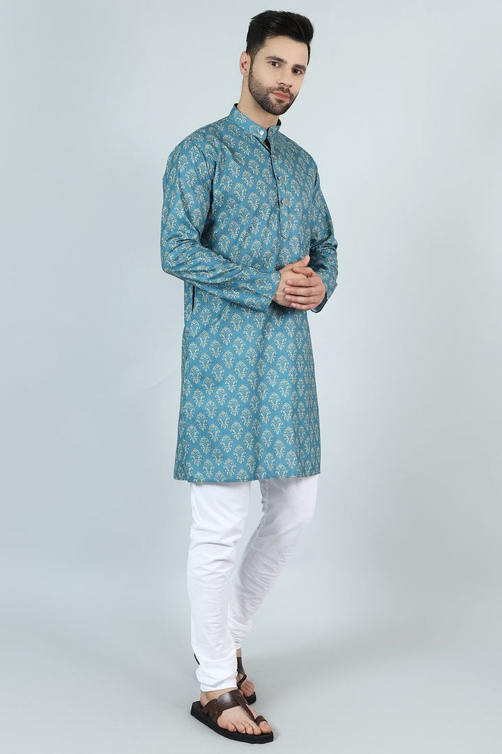 Digital Print Cotton Silk Blue Kurta Pyjama