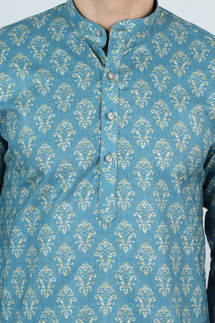 Digital Print Cotton Silk Blue Kurta Pyjama