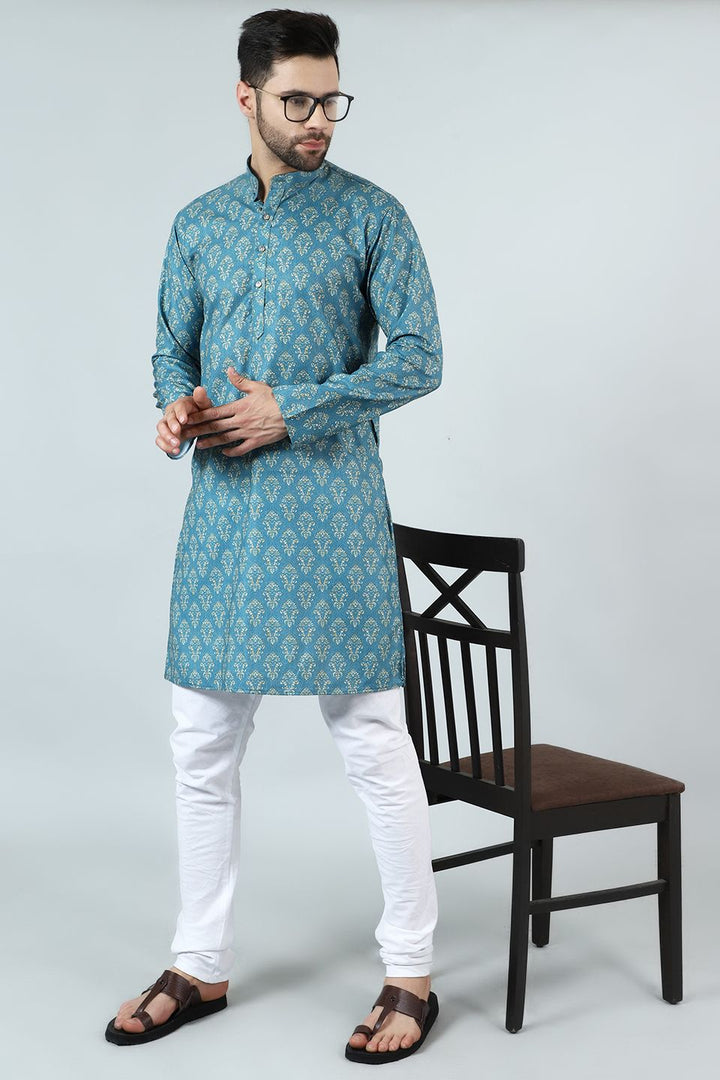 Digital Print Cotton Silk Blue Kurta Pyjama